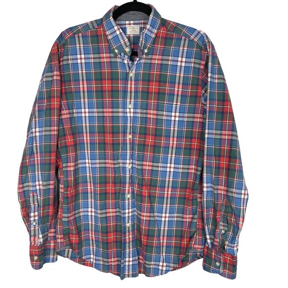 J Crew Mens Medium M Blue Red Green Plaid Button Down Shirt Cotton Long Sleeve - Picture 1 of 6